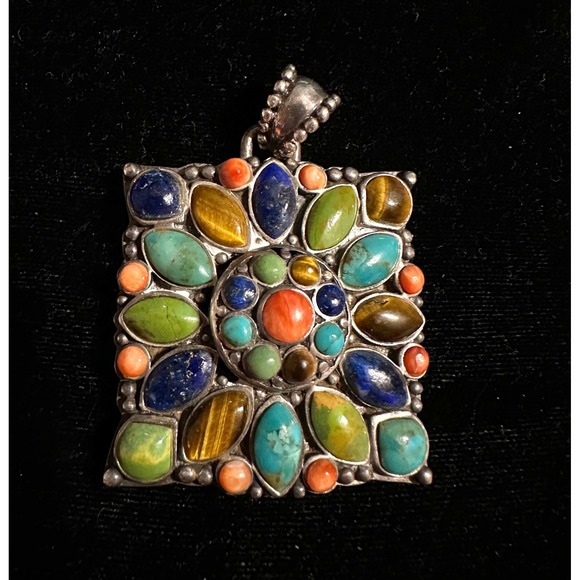 Sterling Silver & Multi Semi Precious Stones Square Pendant Multicolored